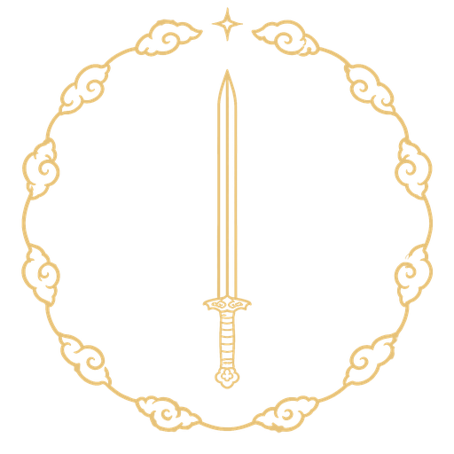 Gold line emblem of an upright double-edged sword inside a ring of clouds