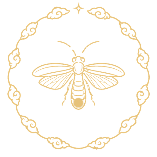 Gold line emblem of a firefly with spread wings and a glowing tail in a cloud ring