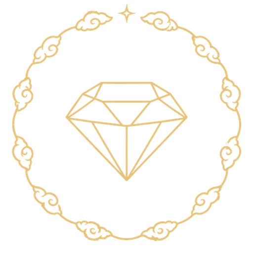 Gold line emblem of a faceted gemstone inside a ring of swirling clouds