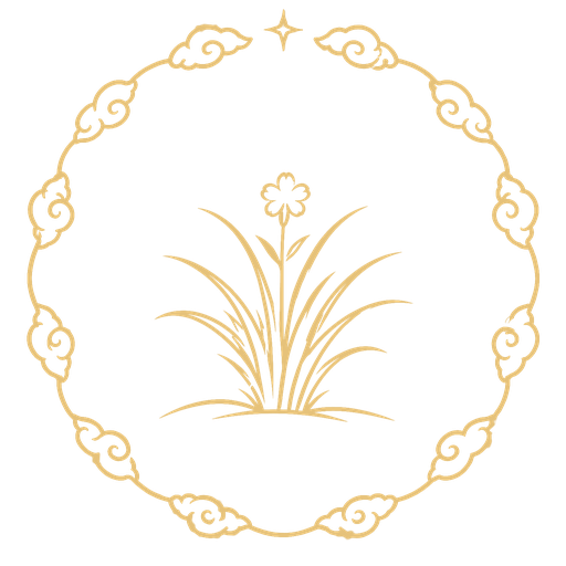 Gold line emblem of tall meadow grass and one small flower inside a cloud ring