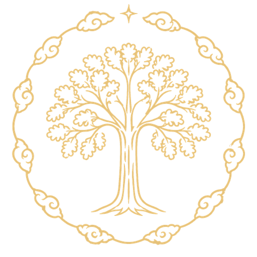 Gold line emblem of a broad oak tree with spreading roots inside a ring of clouds