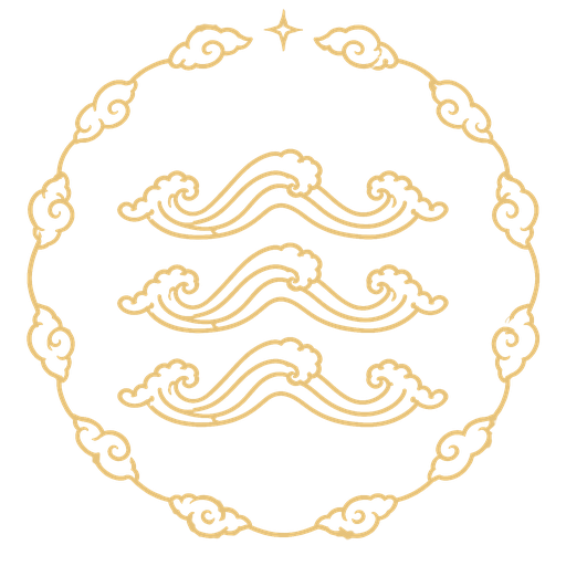 Gold line emblem of three rows of curling waves inside a ring of clouds