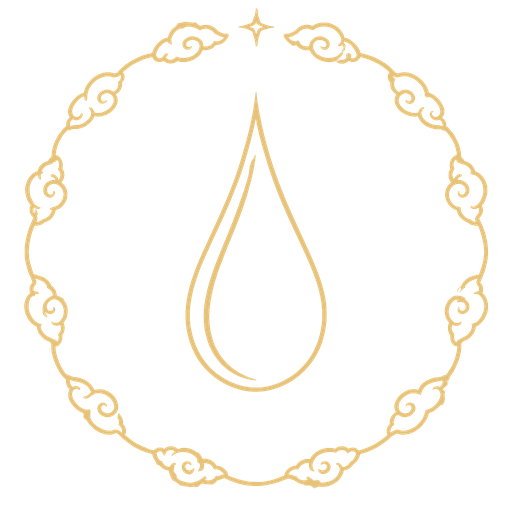 Gold line emblem of a single large raindrop inside a ring of swirling clouds