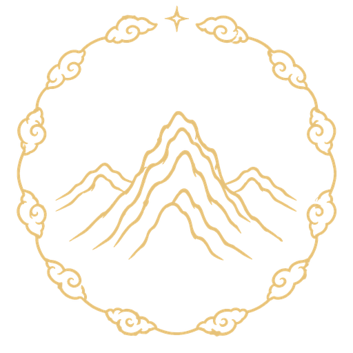 Gold line emblem of a layered mountain peak inside a ring of swirling clouds
