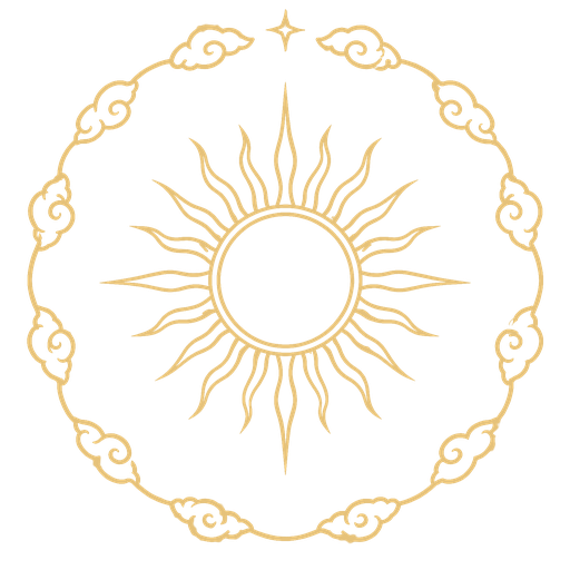 Gold line emblem of a rayed sun inside a ring of swirling clouds