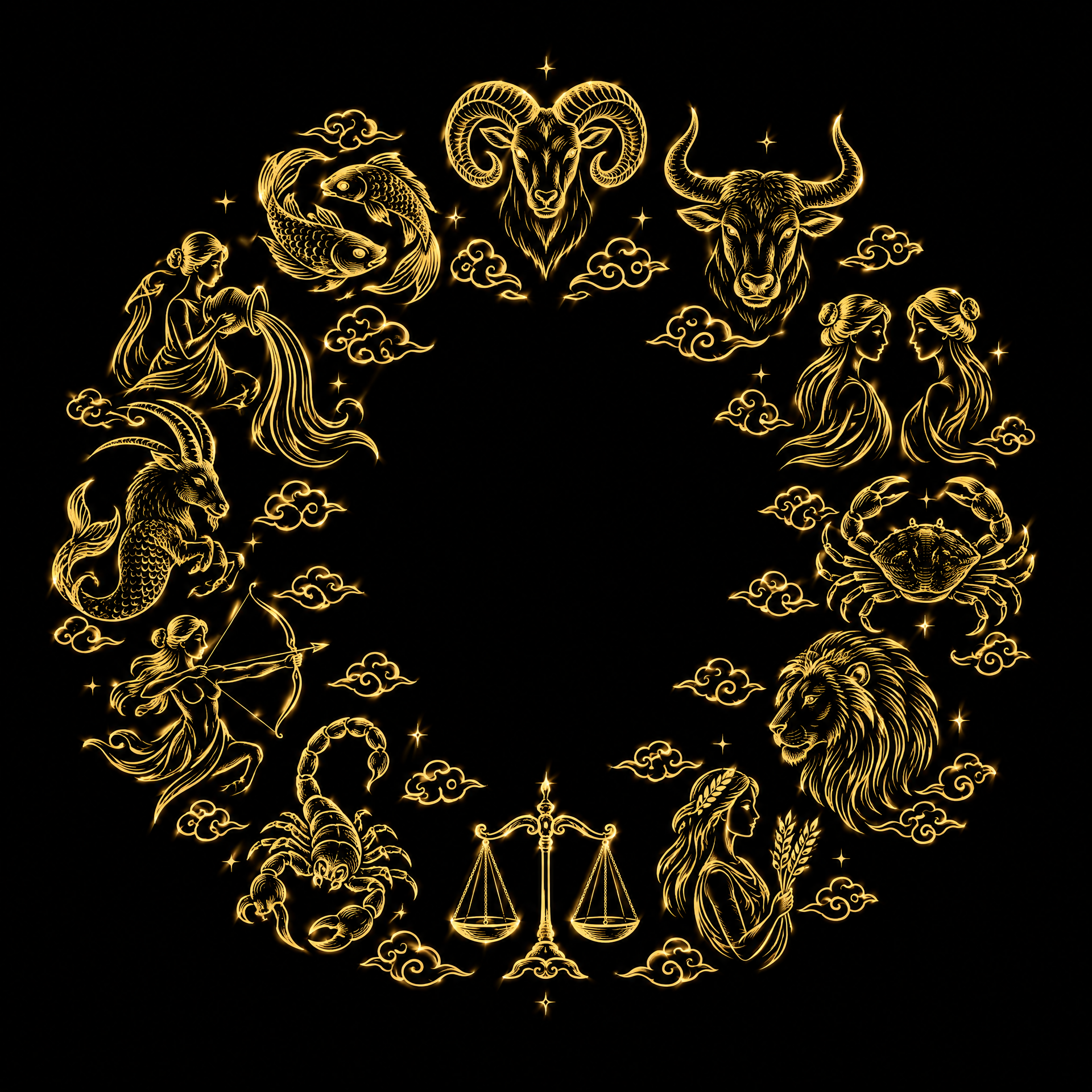 Circular arrangement of the 12 Western zodiac signs in gold line art on a black background